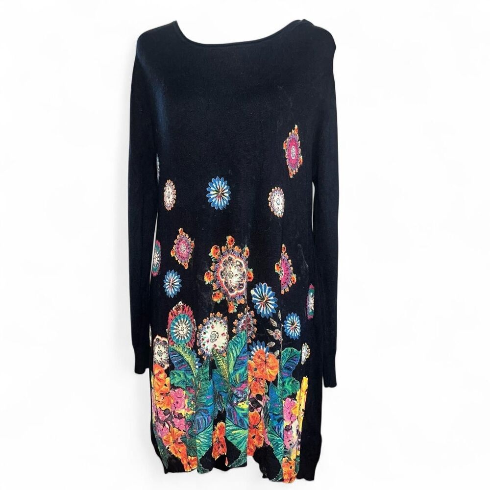 Desigual Women's Black Multicolored Floral Sequins Sweater Dress SZ L Lagenlook